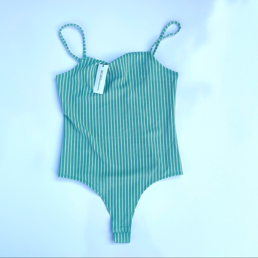 NWT BCBG Pistachio Green and White Striped Cami Bodysuit, Adjustable Straps, S